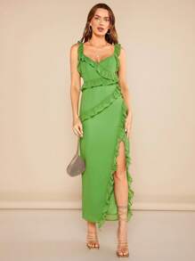 SHEIN BAE Vestido unicolor ribete con fruncido de muslo con abertura - Verde Lima - Ver 3