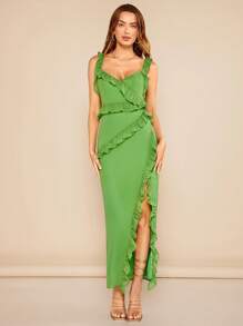 SHEIN BAE Vestido unicolor ribete con fruncido de muslo con abertura - Verde Lima - Ver 5