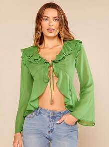 SHEIN BAE Top ribete con fruncido con cordón delantero manga de campana bajo con fruncido - Verde Lima - Ver 4