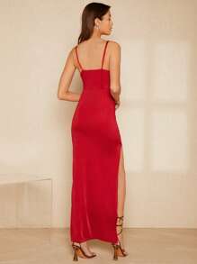 SHEIN Belle Đầm Tương phản Mesh Dây kéo Tách cao màu trơn Gợi cảm - Đỏ - Xem 4