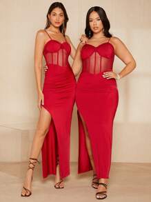 SHEIN Belle Đầm Tương phản Mesh Dây kéo Tách cao màu trơn Gợi cảm - Đỏ - Xem 2