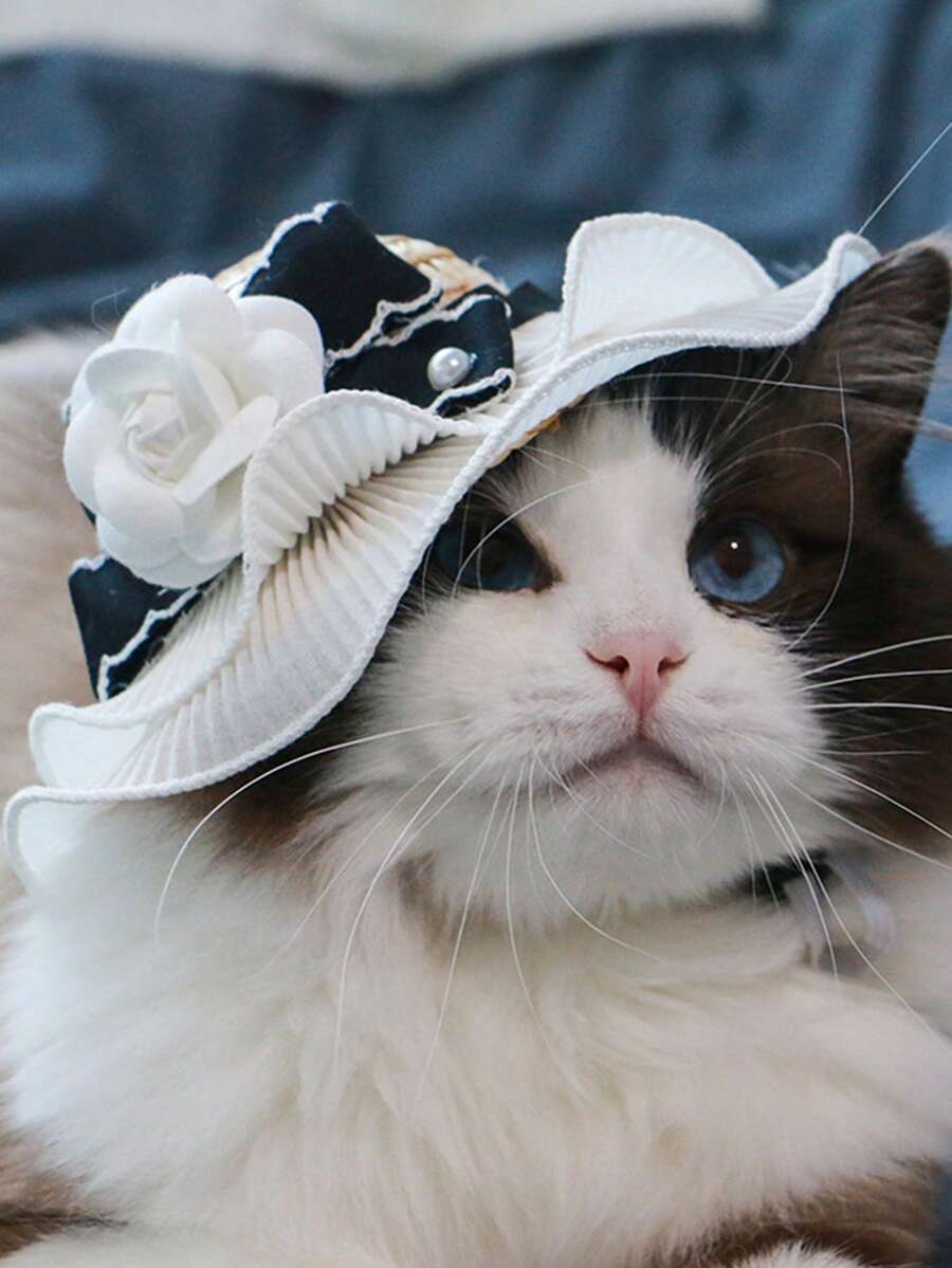 1 pieza Sombrero de paja para mascota con diseño de flor para perro con gato para diariamente - Blanco - Ver 1