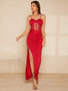 SHEIN Belle Đầm Tương phản Mesh Dây kéo Tách cao màu trơn Gợi cảm - Đỏ - Xem 1