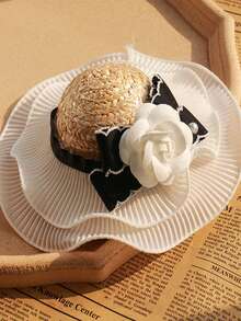 1 pieza Sombrero de paja para mascota con diseño de flor para perro con gato para diariamente - Blanco - Ver 2