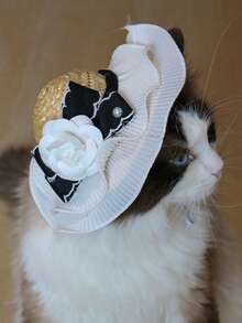 1 pieza Sombrero de paja para mascota con diseño de flor para perro con gato para diariamente - Blanco - Ver 3