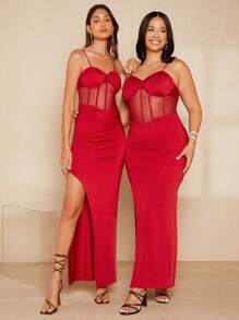 SHEIN Belle Đầm Tương phản Mesh Dây kéo Tách cao màu trơn Gợi cảm - Đỏ - Xem 5