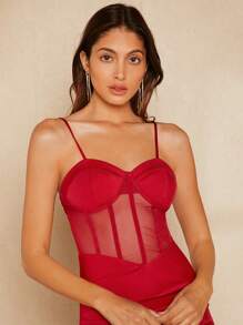 SHEIN Belle Đầm Tương phản Mesh Dây kéo Tách cao màu trơn Gợi cảm - Đỏ - Xem 6