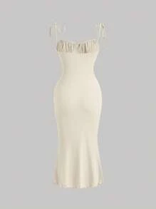SHEIN x Marika Sila SHEIN MOD 前繫帶胸部褶皺肩部打結木耳邊吊帶連衣裙 - 米色 - 查看 2