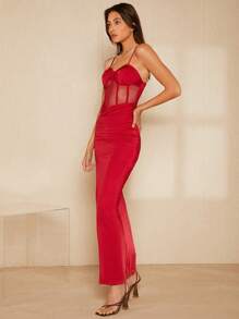 SHEIN Belle Đầm Tương phản Mesh Dây kéo Tách cao màu trơn Gợi cảm - Đỏ - Xem 8