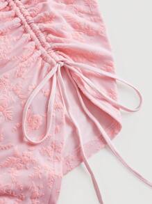 SHEIN MOD 大碼花卉圖案提花抽繩褶邊緊身吊帶連衣裙 - 淺粉色 - 查看 3