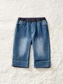 Young Boys' Contrast Color Rolled Hem Denim Shorts For Summer