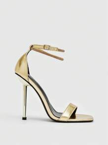 女性水鑽裝飾細跟魅力四射金色踝帶平底涼鞋 - 金色 - 查看 3