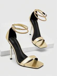 女性水鑽裝飾細跟魅力四射金色踝帶平底涼鞋 - 金色 - 查看 5