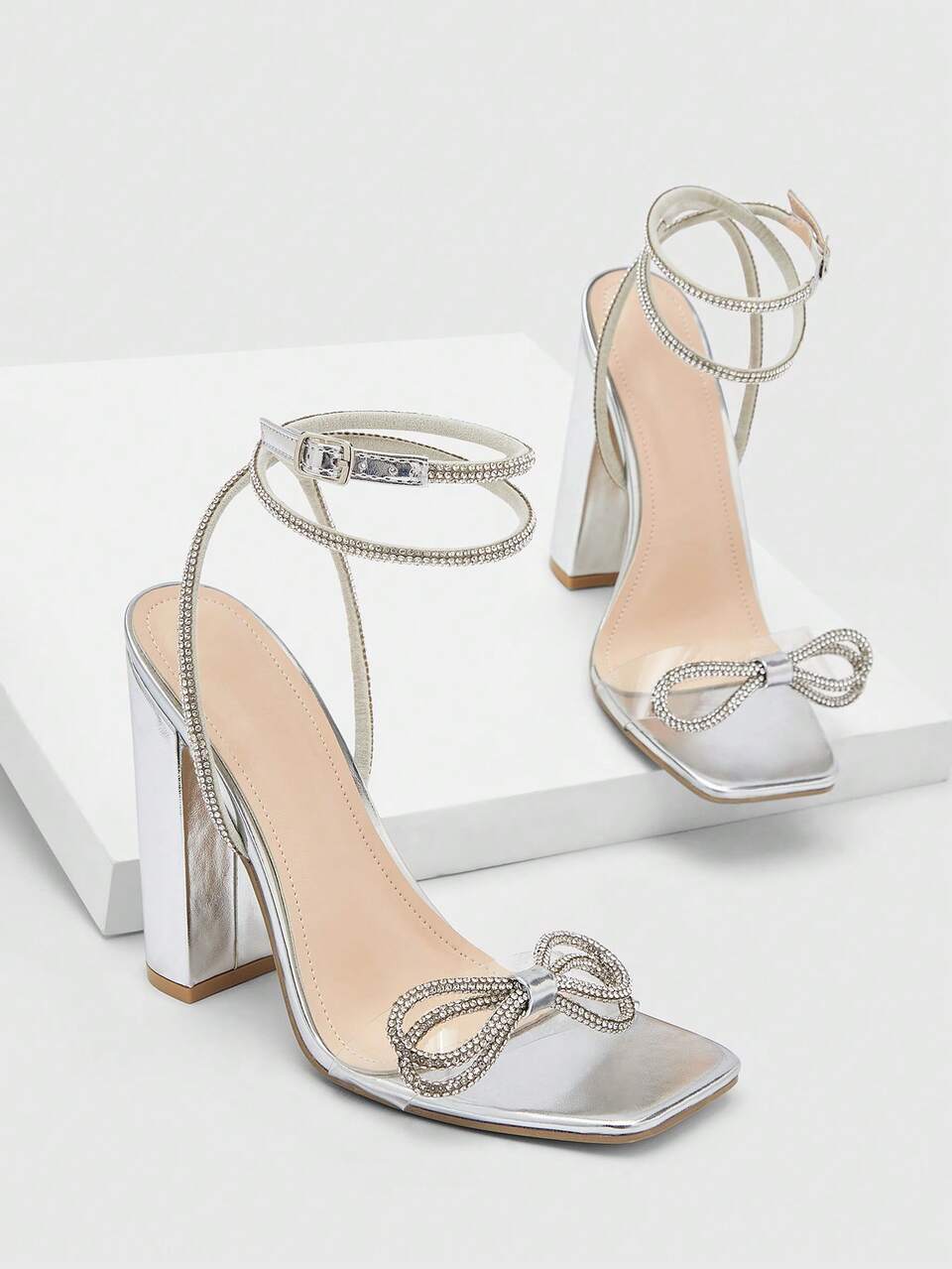 CUCCOO SZL Woman Shoes Rhinestone Decor Chunky Heeled Sandals, Glamorous Silver Ankle Strap Sandals For Spring And Summer Vacation Shoes Summer SaleSexy Party Baddie Chic Gorgeous Style Halloween