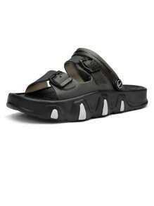 男士耐磨防水搭扣裝飾休閒黑色PVC涼鞋 - 黑色 - 查看 1