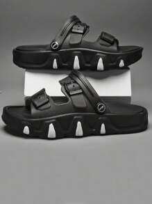 男士耐磨防水搭扣裝飾休閒黑色PVC涼鞋 - 黑色 - 查看 3