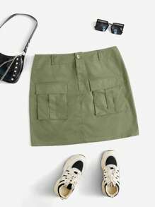 SHEIN EZwear 大碼翻蓋口袋工裝裙 - 軍綠色 - 查看 1