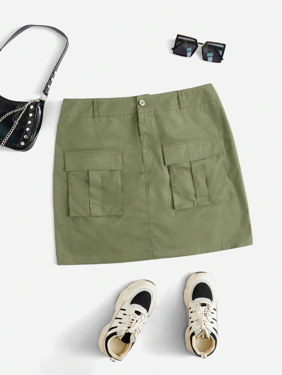 SHEIN EZwear 大碼翻蓋口袋工裝裙 - 軍綠色 - 查看 1