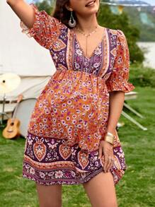 SHEIN 孕婦印花泡泡袖洋裝