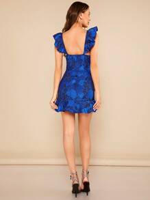 SHEIN BAE Floral Jacquard Ruffle Trim Ruffle Hem Dress - Blue - View 4