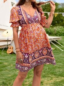 SHEIN 孕婦印花泡泡袖洋裝