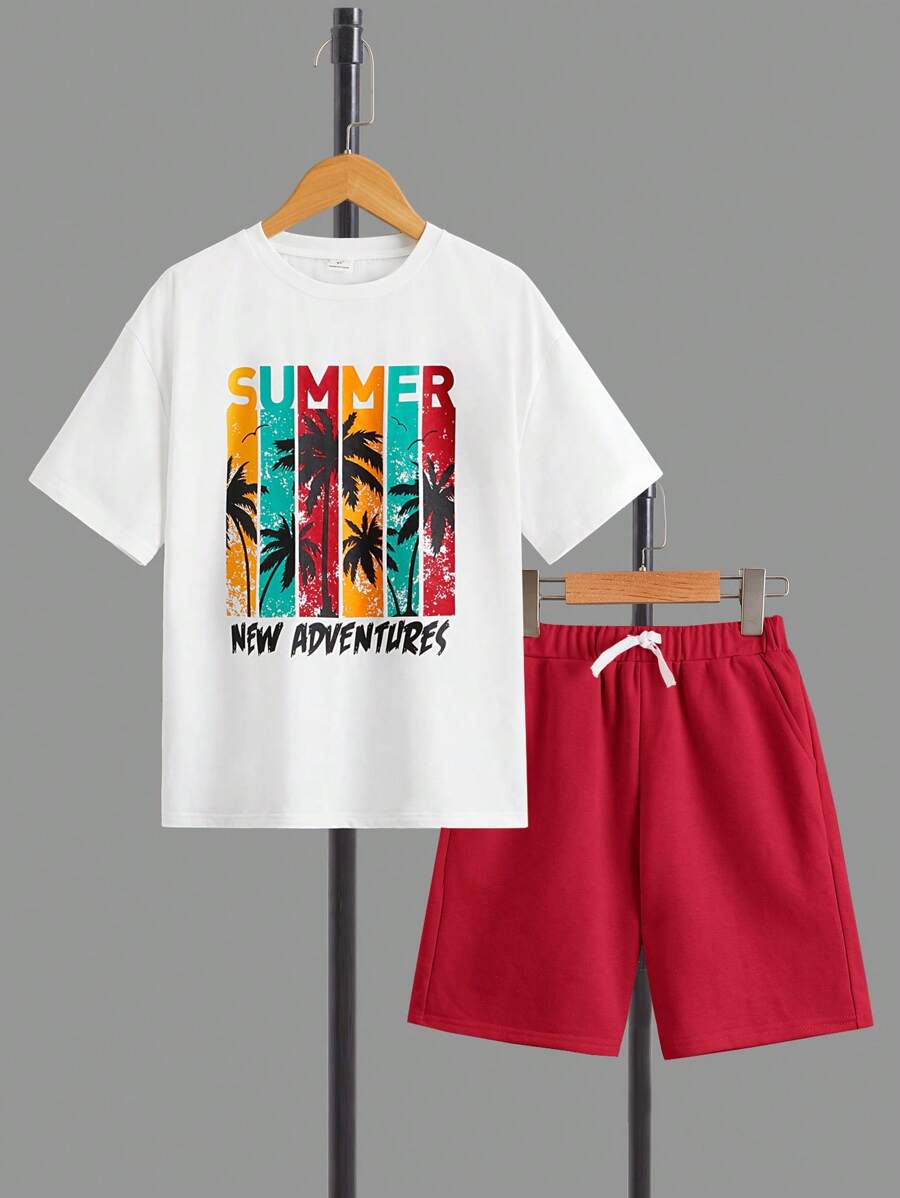 SHEIN Boys Slogan & Palm Tree Print Tee & Drawstring Waist Shorts - Red - View 1