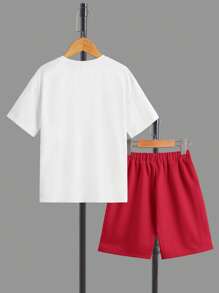 SHEIN Boys Slogan & Palm Tree Print Tee & Drawstring Waist Shorts - Red - View 2