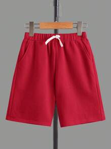 SHEIN Boys Slogan & Palm Tree Print Tee & Drawstring Waist Shorts - Red - View 5