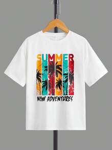 SHEIN Boys Slogan & Palm Tree Print Tee & Drawstring Waist Shorts - Red - View 7