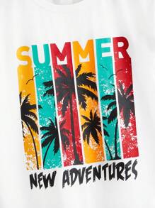 SHEIN Boys Slogan & Palm Tree Print Tee & Drawstring Waist Shorts - Red - View 8