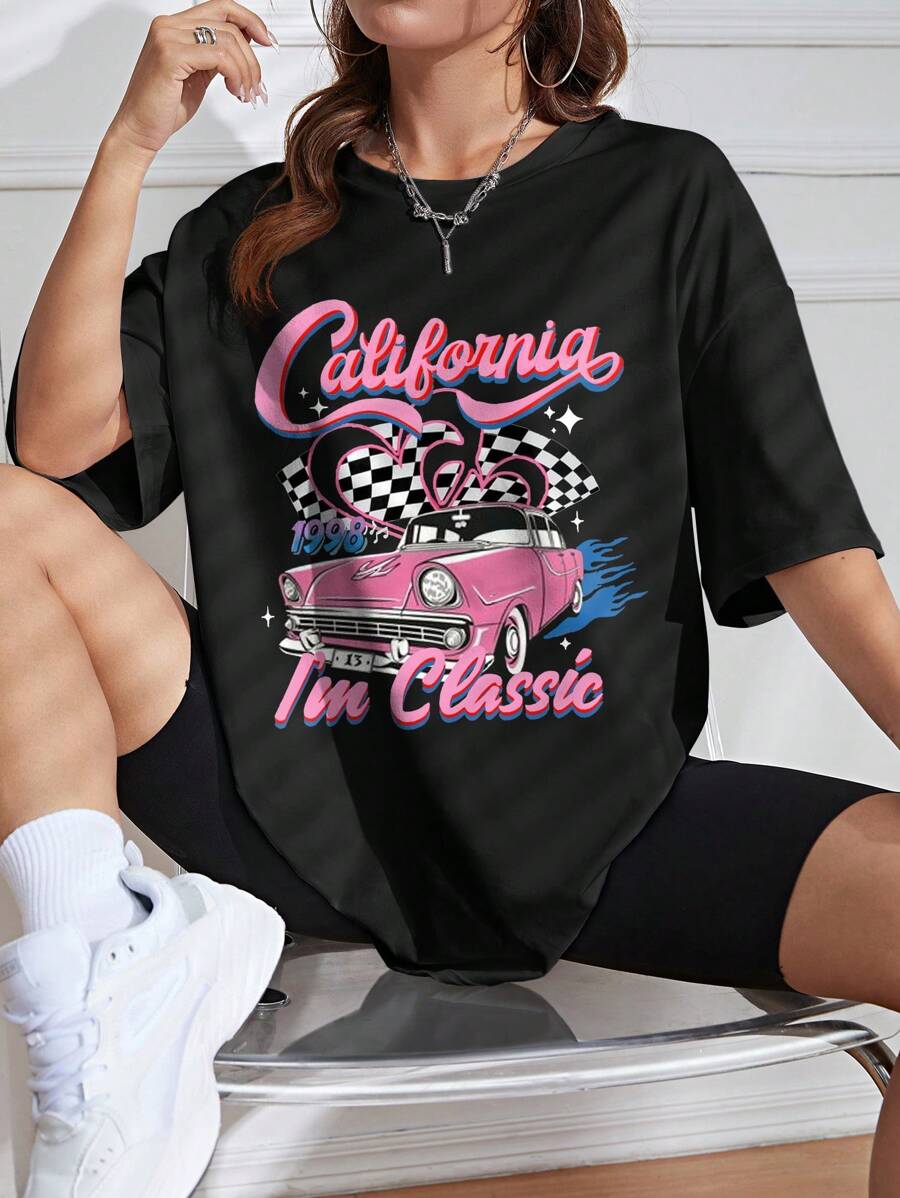 SHEIN EZwear 汽車和字母圖案落肩T恤 - 黑色 - 查看 1