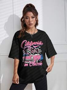 SHEIN EZwear 汽車和字母圖案落肩T恤 - 黑色 - 查看 4