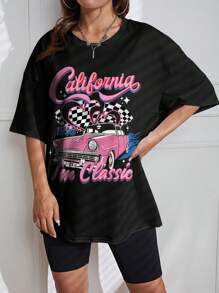 SHEIN EZwear 汽車和字母圖案落肩T恤 - 黑色 - 查看 5