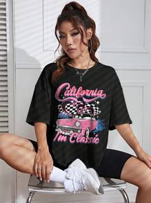 SHEIN EZwear 汽車和字母圖案落肩T恤 - 黑色 - 查看 6