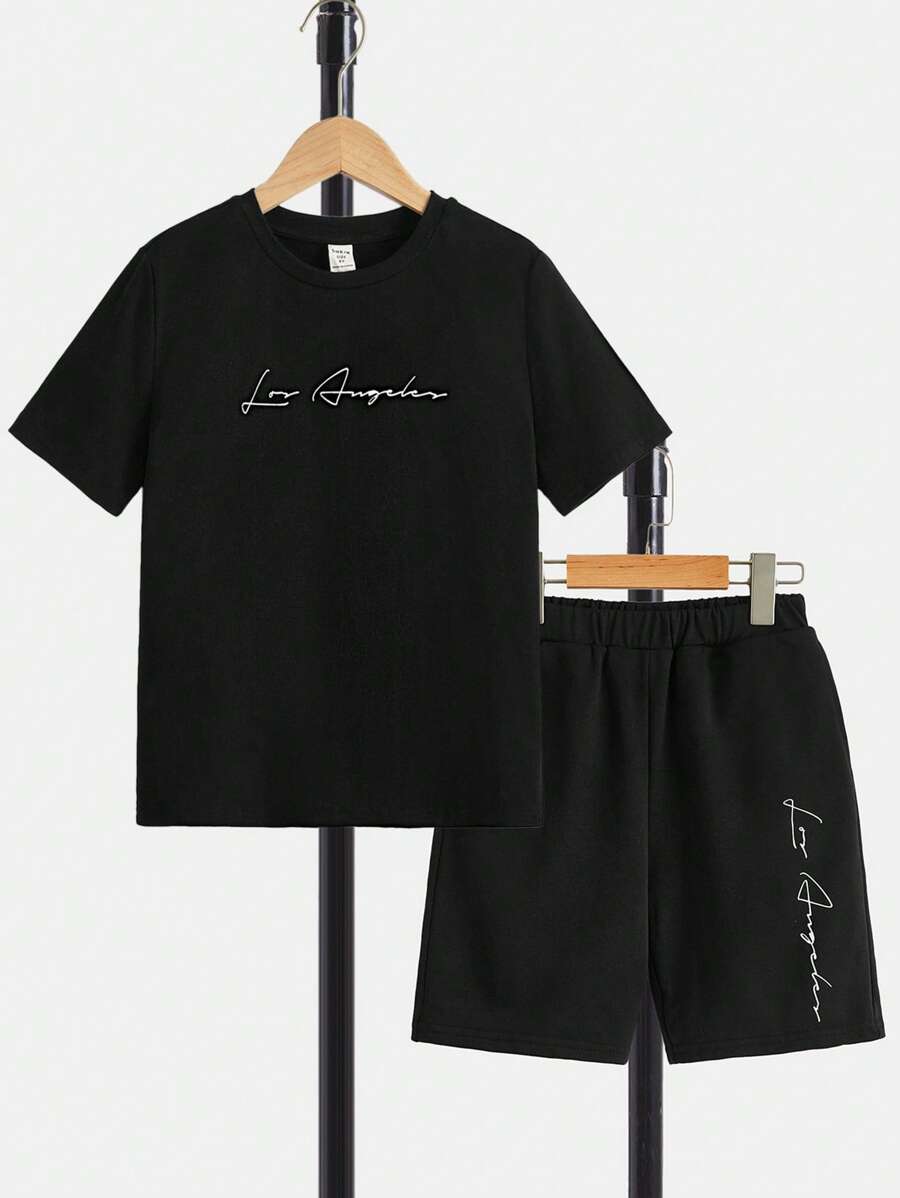 SHEIN Chicos Shorts con camiseta con estampado de letra - Negro - Ver 1