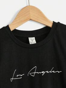 SHEIN Chicos Shorts con camiseta con estampado de letra - Negro - Ver 3