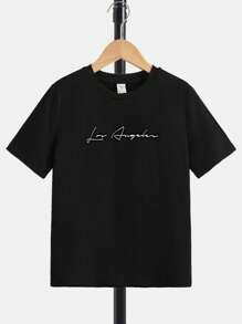 SHEIN Chicos Shorts con camiseta con estampado de letra - Negro - Ver 6