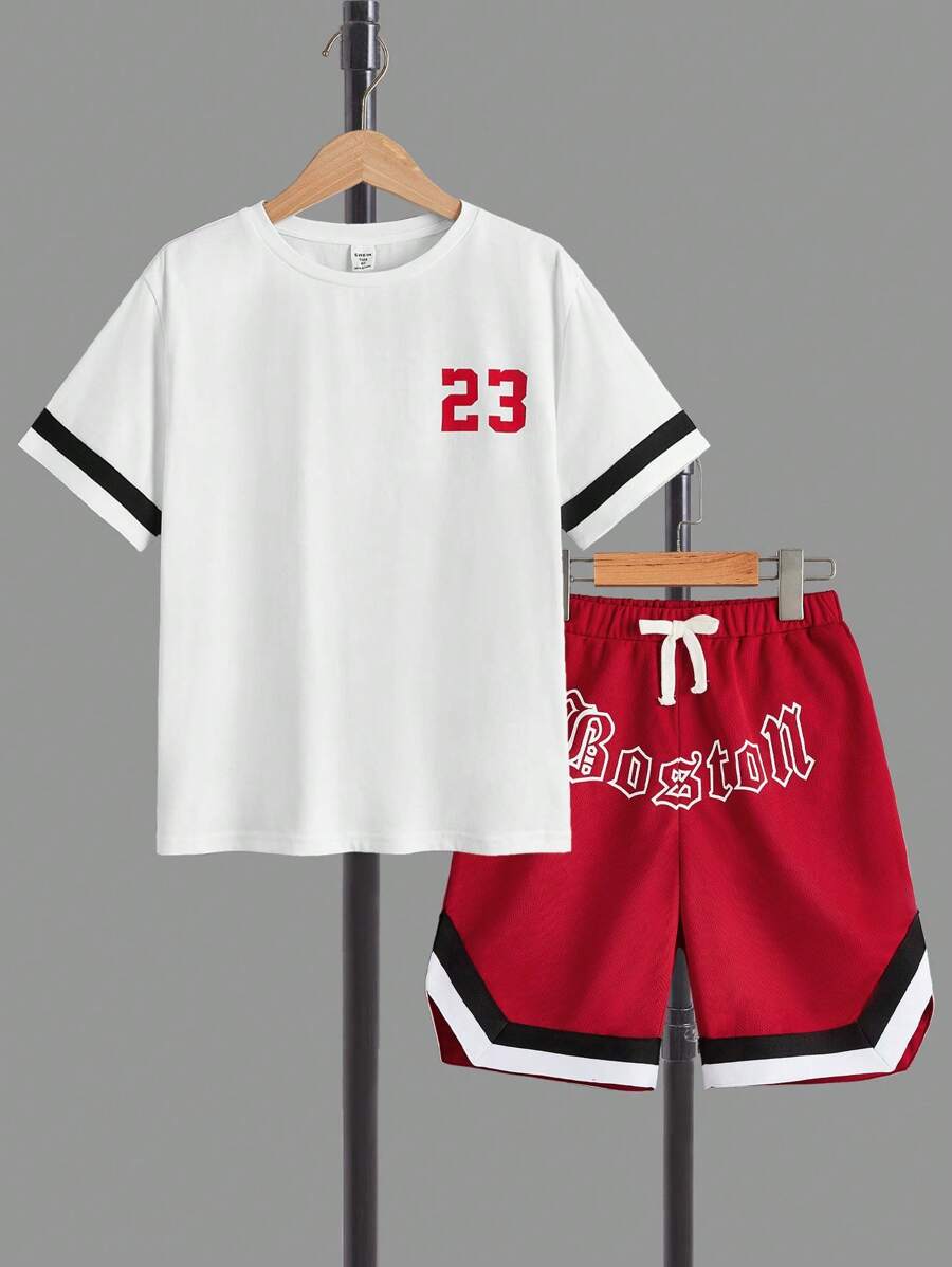 SHEIN 男孩字母圖案拼接邊T恤和腰部抽繩短褲 - 紅色 - 查看 1