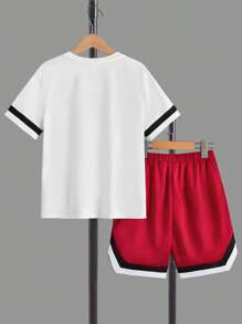 SHEIN 男孩字母圖案拼接邊T恤和腰部抽繩短褲 - 紅色 - 查看 2