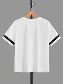 SHEIN 男孩字母圖案拼接邊T恤和腰部抽繩短褲 - 紅色 - 查看 3