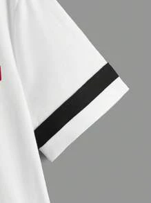 SHEIN 男孩字母圖案拼接邊T恤和腰部抽繩短褲 - 紅色 - 查看 4