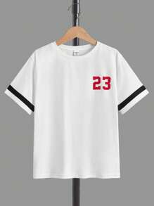 SHEIN 男孩字母圖案拼接邊T恤和腰部抽繩短褲 - 紅色 - 查看 5