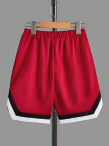 SHEIN 男孩字母圖案拼接邊T恤和腰部抽繩短褲 - 紅色 - 查看 7