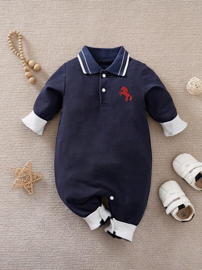 Yierying Baby Jungen Strick-Jumpsuit mit Pferd Stickerei