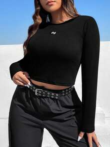 SHEIN Coolane 大碼字母補丁細節短款T恤 - 黑色 - 查看 4