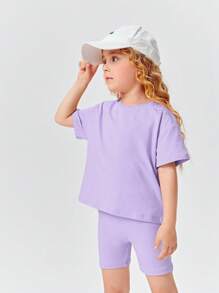 SHEIN Young Girl Drop Shoulder Tee & Biker Shorts - Lilac Purple - View 1