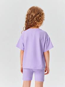 SHEIN Young Girl Drop Shoulder Tee & Biker Shorts - Lilac Purple - View 2
