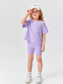 SHEIN Young Girl Drop Shoulder Tee & Biker Shorts - Lilac Purple - View 3