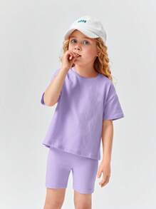 SHEIN Young Girl Drop Shoulder Tee & Biker Shorts - Lilac Purple - View 4