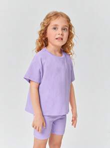 SHEIN Young Girl Drop Shoulder Tee & Biker Shorts - Lilac Purple - View 5